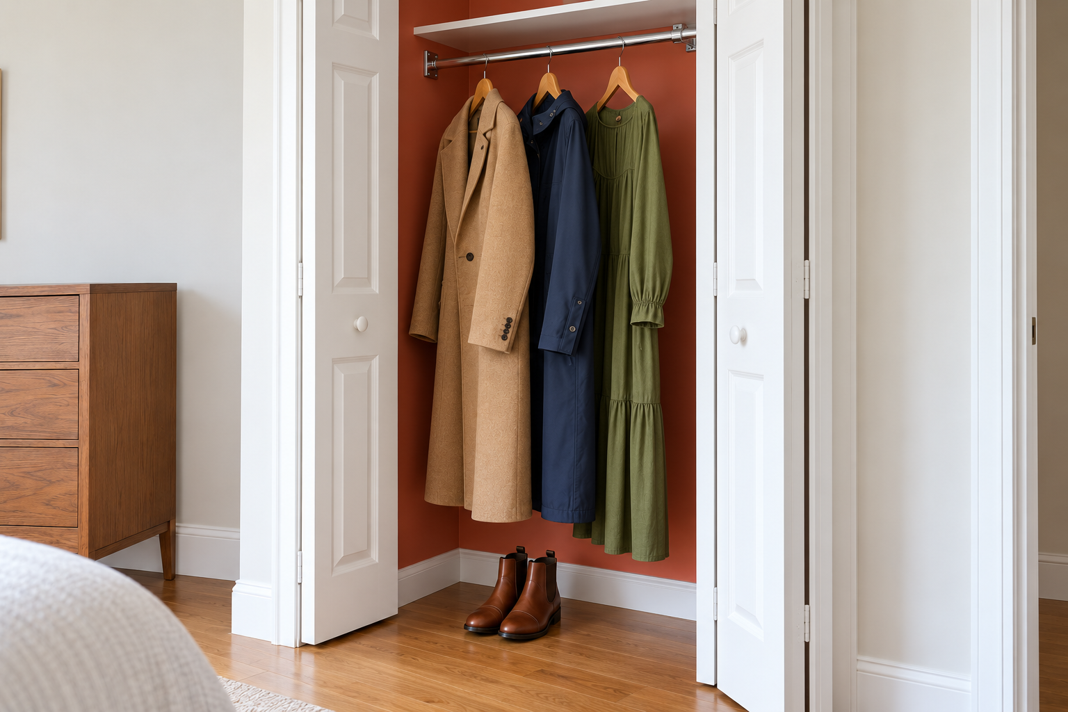 A long coat, a raincoat, and a dress on a single closet rod, their hems hanging clear of the floor above a pair of boots.