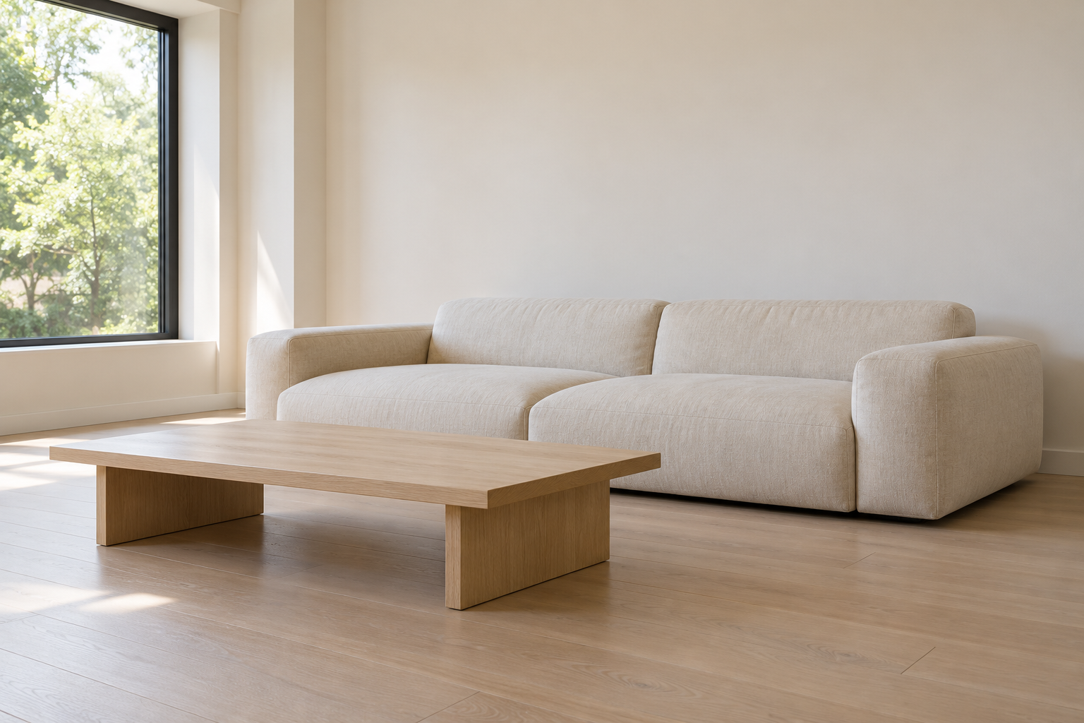 A low cream linen sofa on a pale ash floor with an even lower ash coffee table in front of it, against a warm white wall.