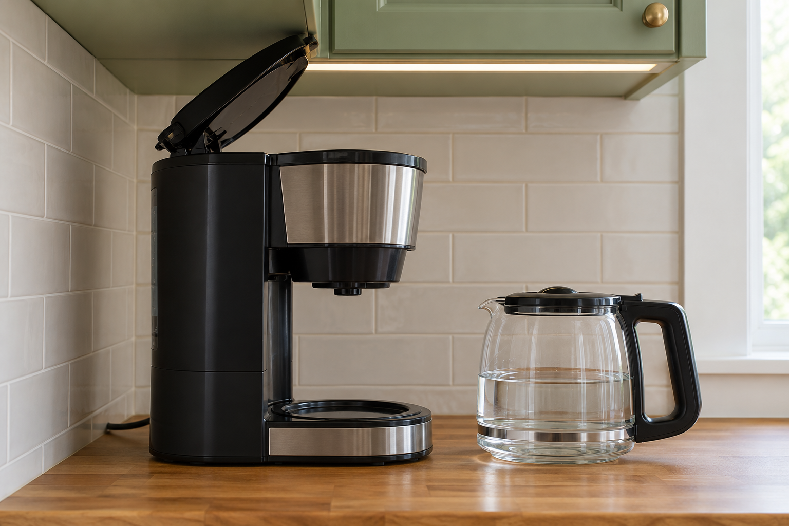 A drip coffee maker under a pistachio green wall cabinet, its open lid touching the underside of the cabinet.