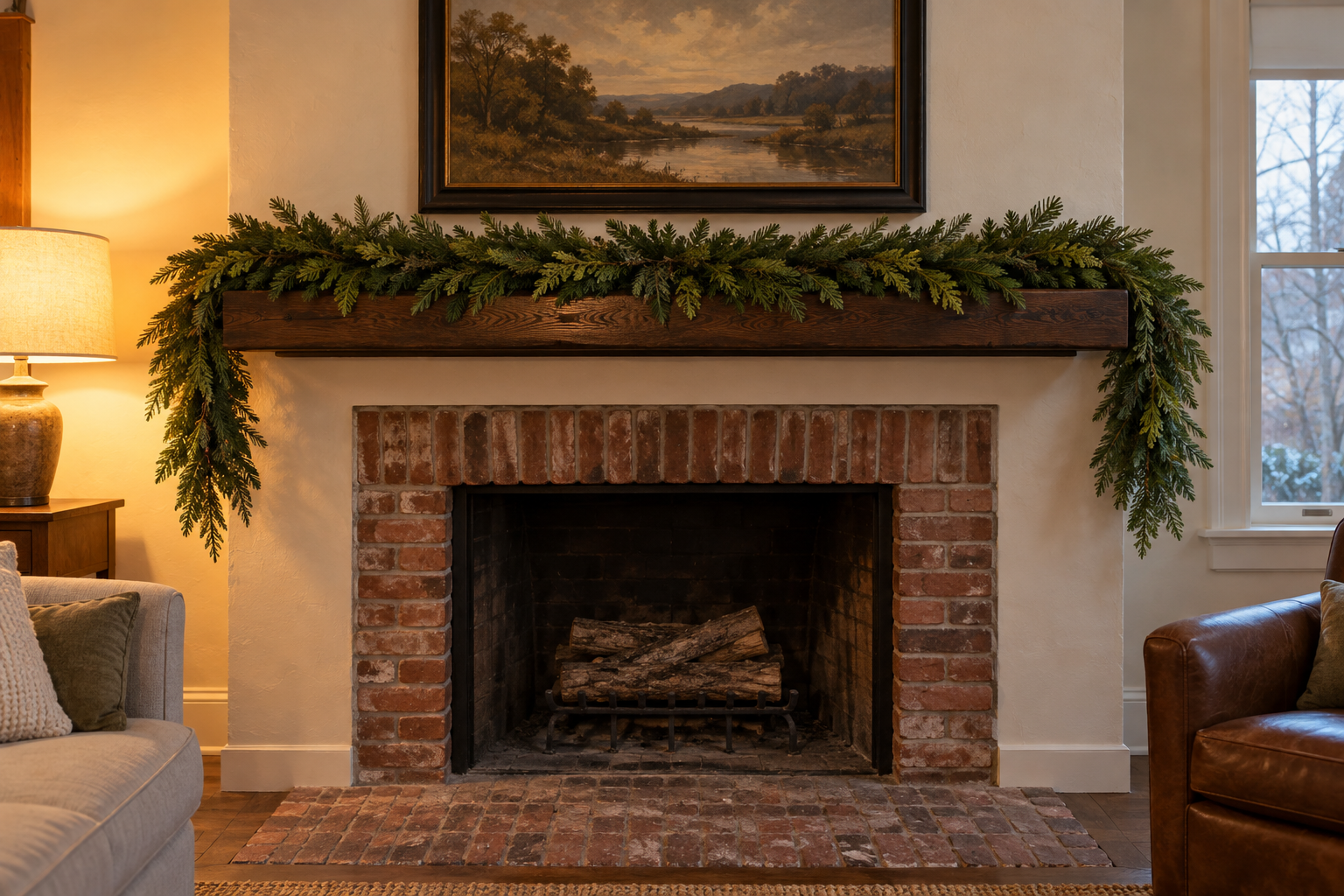 Fresh garland lying along a dark oak mantel shelf, with a length falling at each end to about halfway down the fireplace.