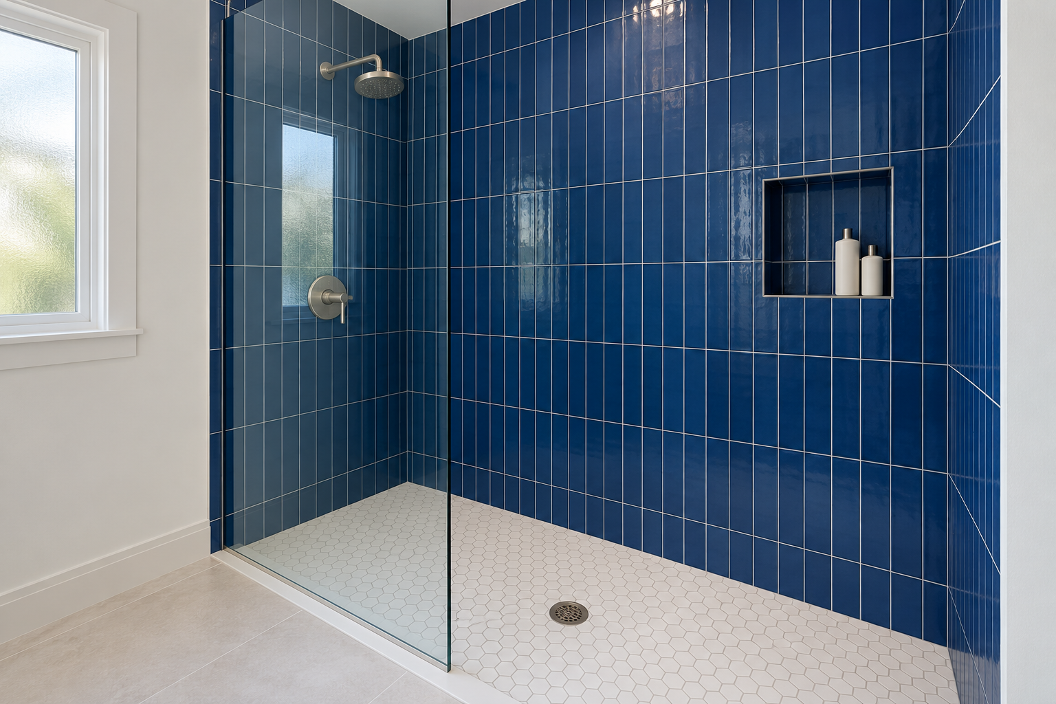 A cobalt blue tiled shower with the valve and shower head on the end wall and a recessed niche on the back wall, away from the spray.