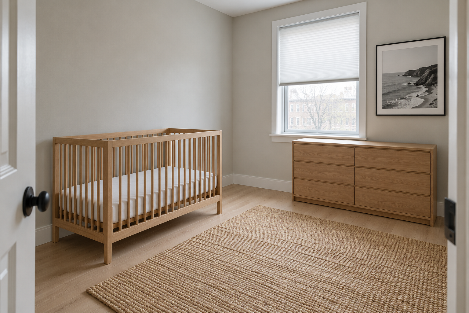 A nursery seen from the door, with a bare oak crib against a plain inside wall and the window on the far side of the room.
