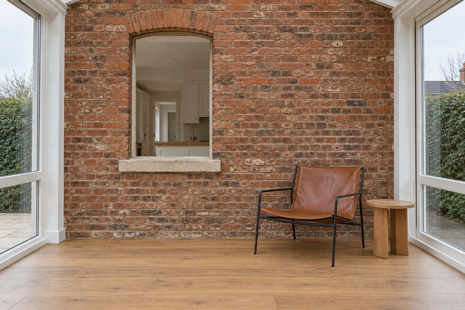 A sunroom whose back wall is the old red-brown brick outer wall of the house, with a former window now an opening into the kitchen, and a leather sling chair in front of it.