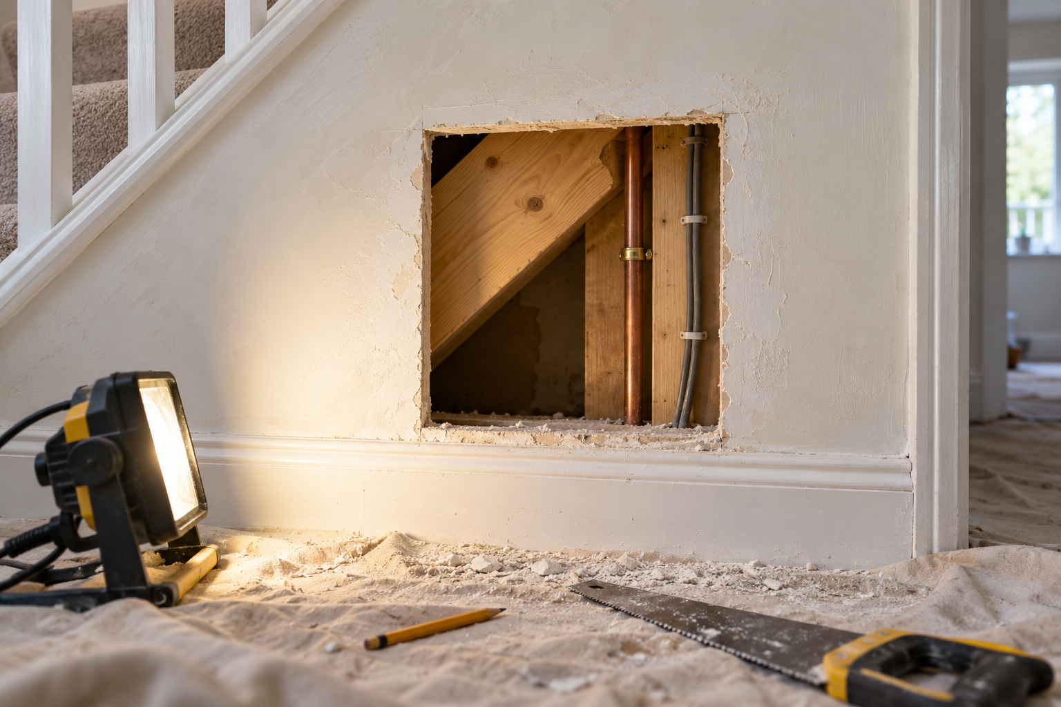 A small square opening cut in the wall under a staircase, showing the stair's timber, a copper pipe, and a cable inside.