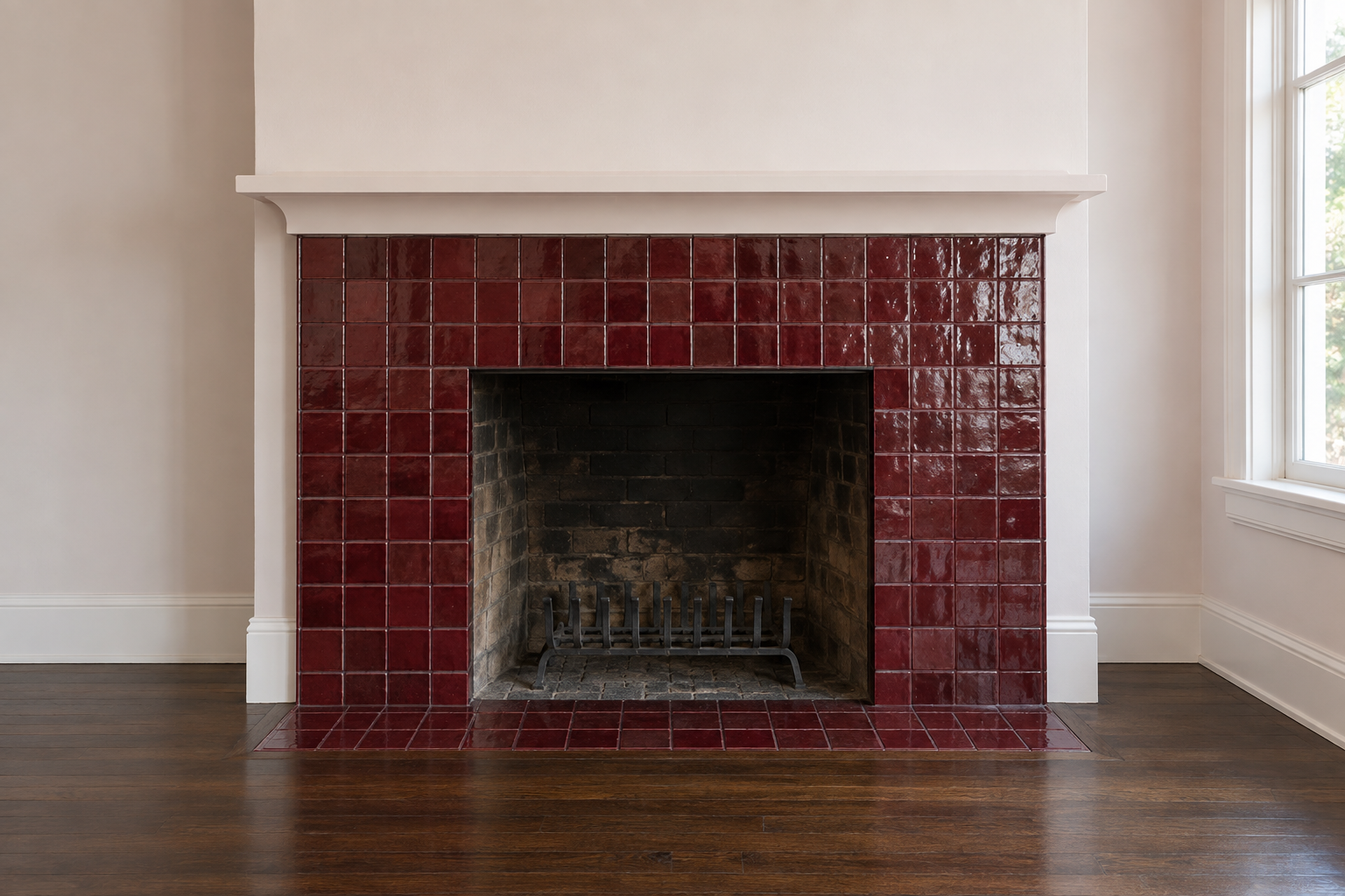 A fireplace surround covered in small glossy oxblood red tiles with slight variation in color, on a pale wall.