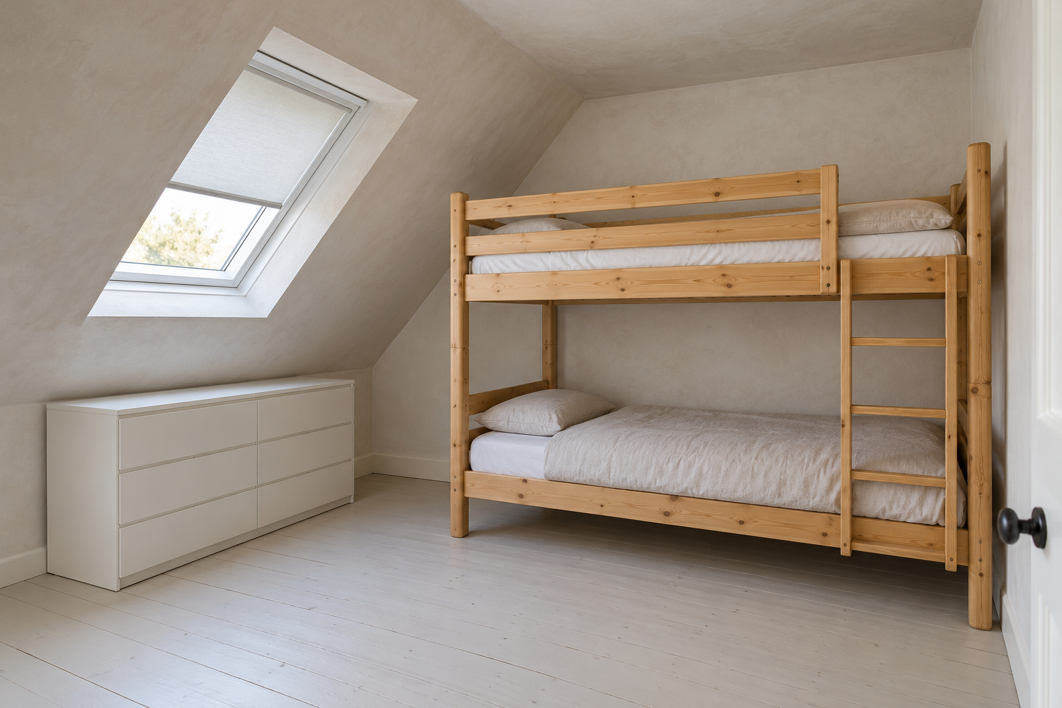 A small attic bedroom with a sloping ceiling on one side and a natural pine bunk bed against the tall wall on the other, with clear space above the top bunk.