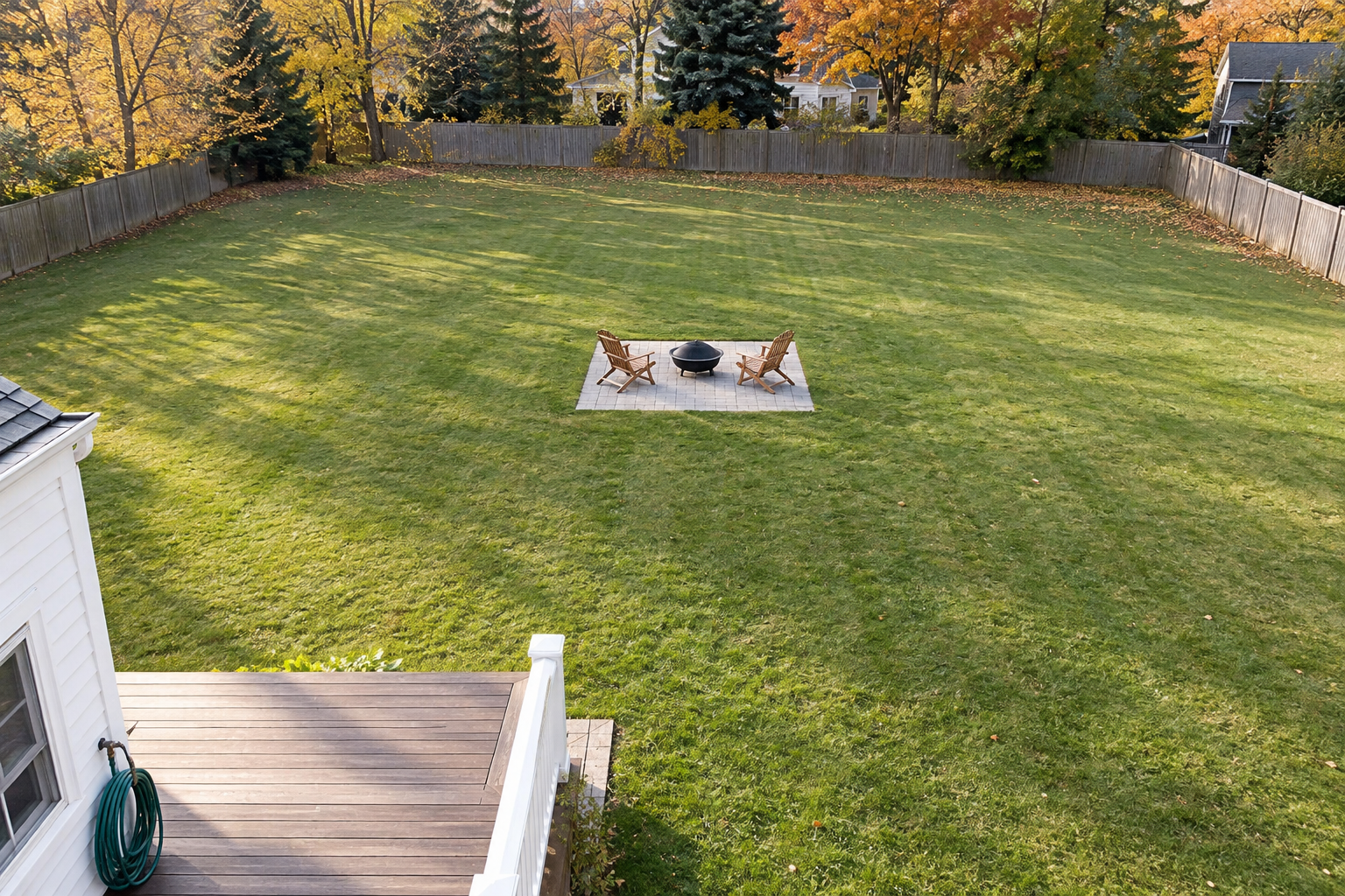 A view from an upstairs window of a back lawn with a small fire pit on a stone pad in the middle of the grass, well away from the house and the fences.