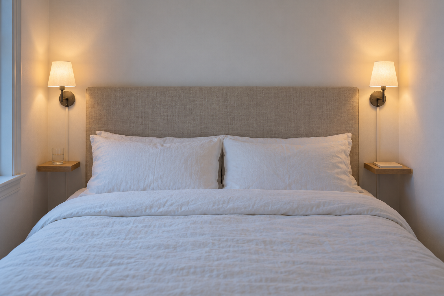 A bed in a narrow room with a plug-in wall light and a small shelf on each side in place of nightstands.