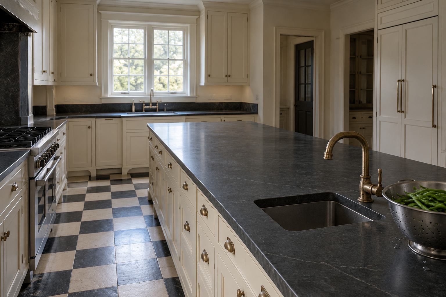 A small sink with a brass tap at one end of a soapstone island top, the rest of the counter clear.