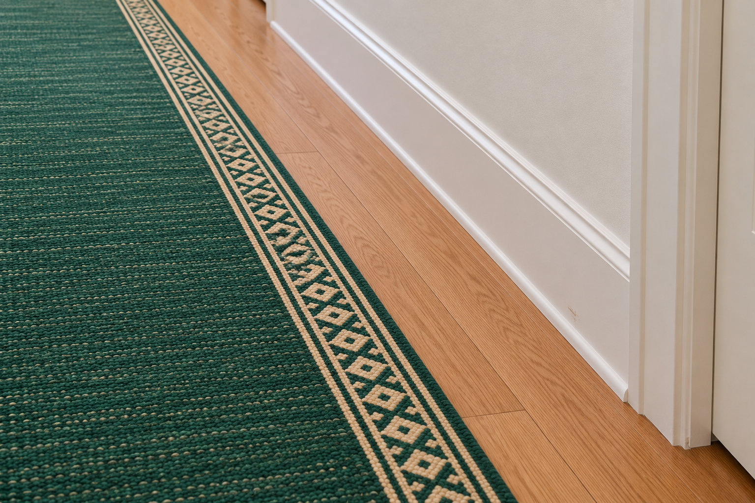 The edge of an emerald runner lying parallel to a white baseboard with a few inches of oak floor between them.