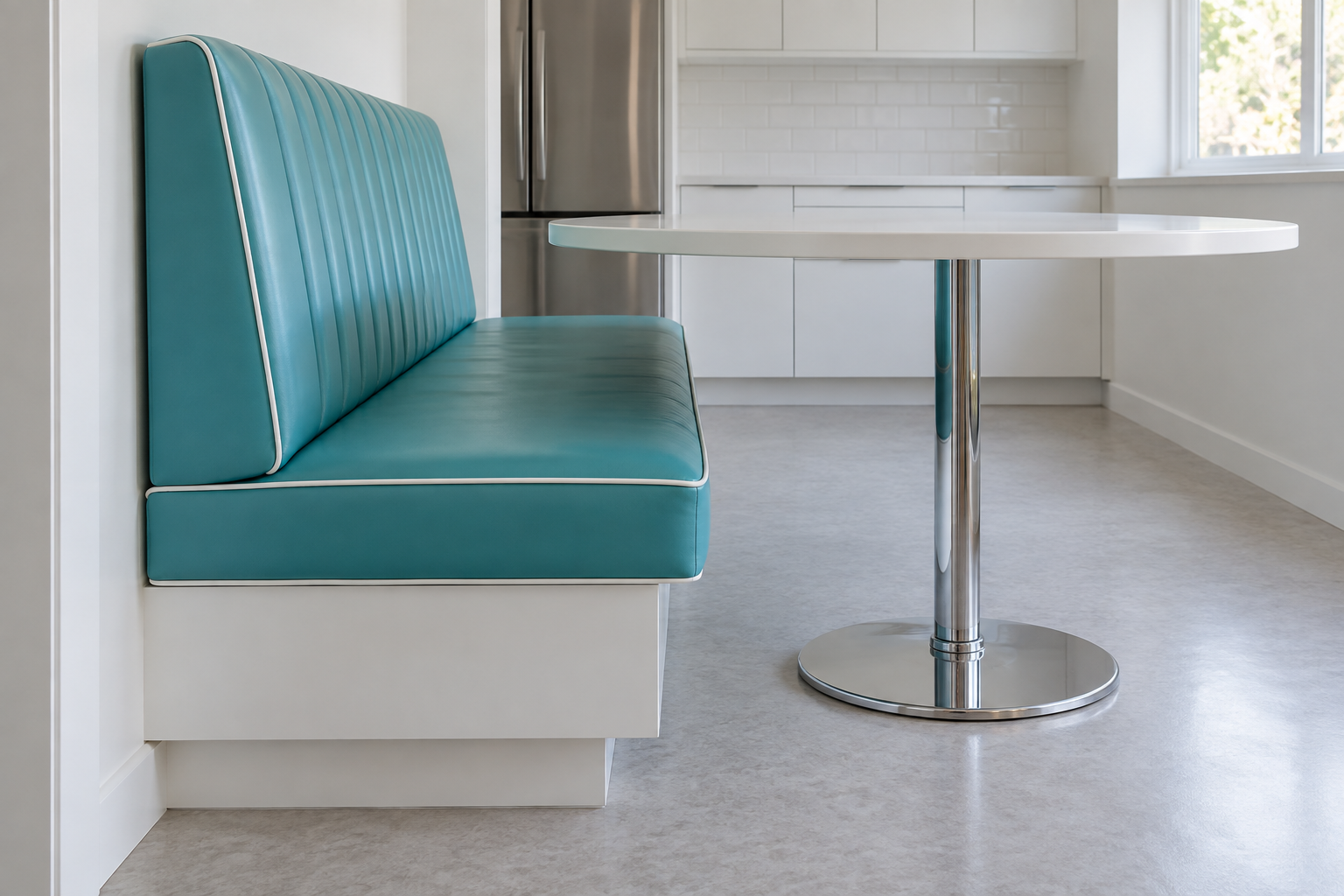 A side view of a turquoise banquette with the edge of a white table overlapping the front of the seat.