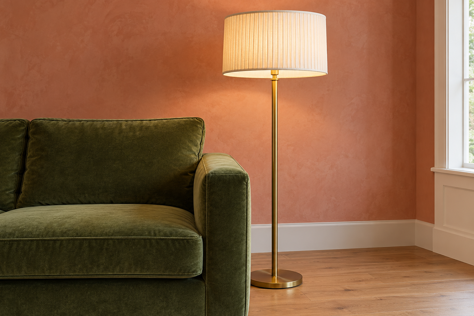 A side view of a brass floor lamp beside a velvet sofa, showing the lower edge of the linen shade a little above the top of the sofa back.