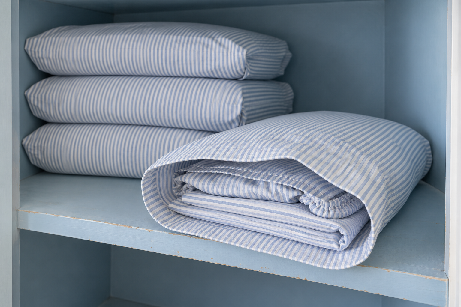 A sheet set folded inside its own ticking-stripe pillowcase, pulled half off a powder-blue shelf.