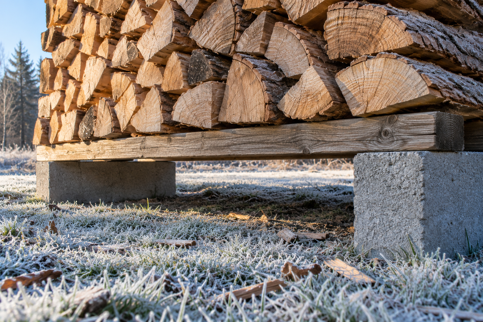 The bottom rows of a firewood stack resting on two timber rails set on concrete blocks, a few inches above frosty grass.