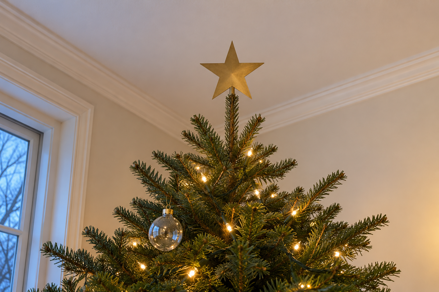 The top of a Christmas tree with a brass star, seen from below, with a few inches of clear space between the star and the ceiling.