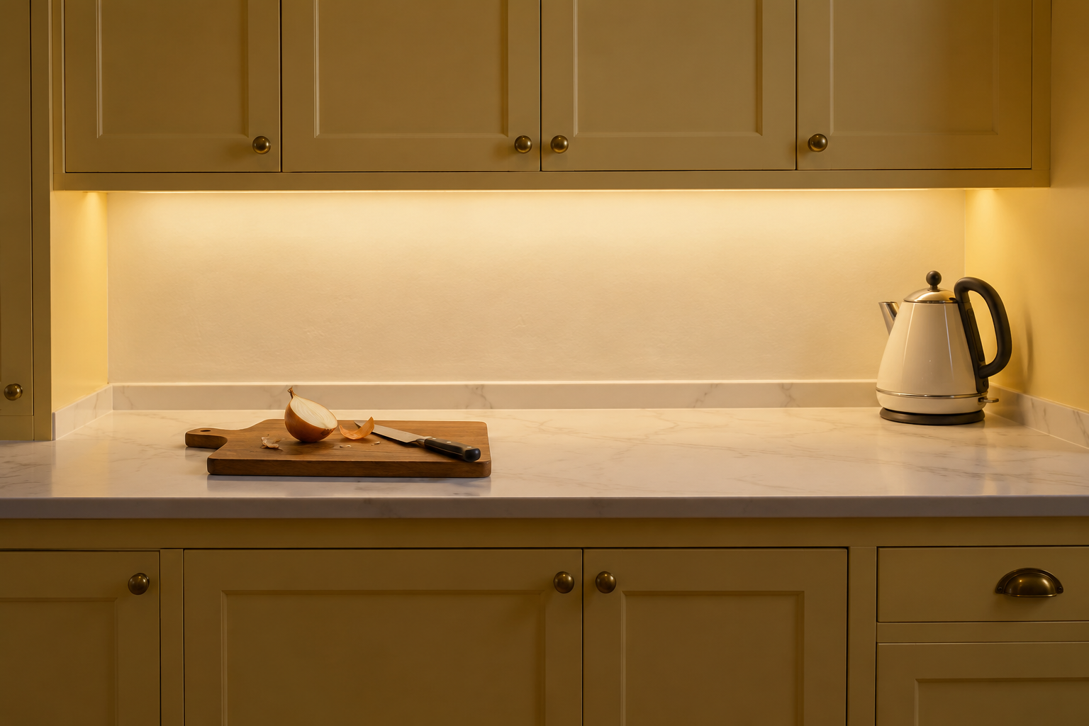 A counter under butter yellow wall cabinets, lit evenly from the wall to its front edge by a light hidden under the cabinets.