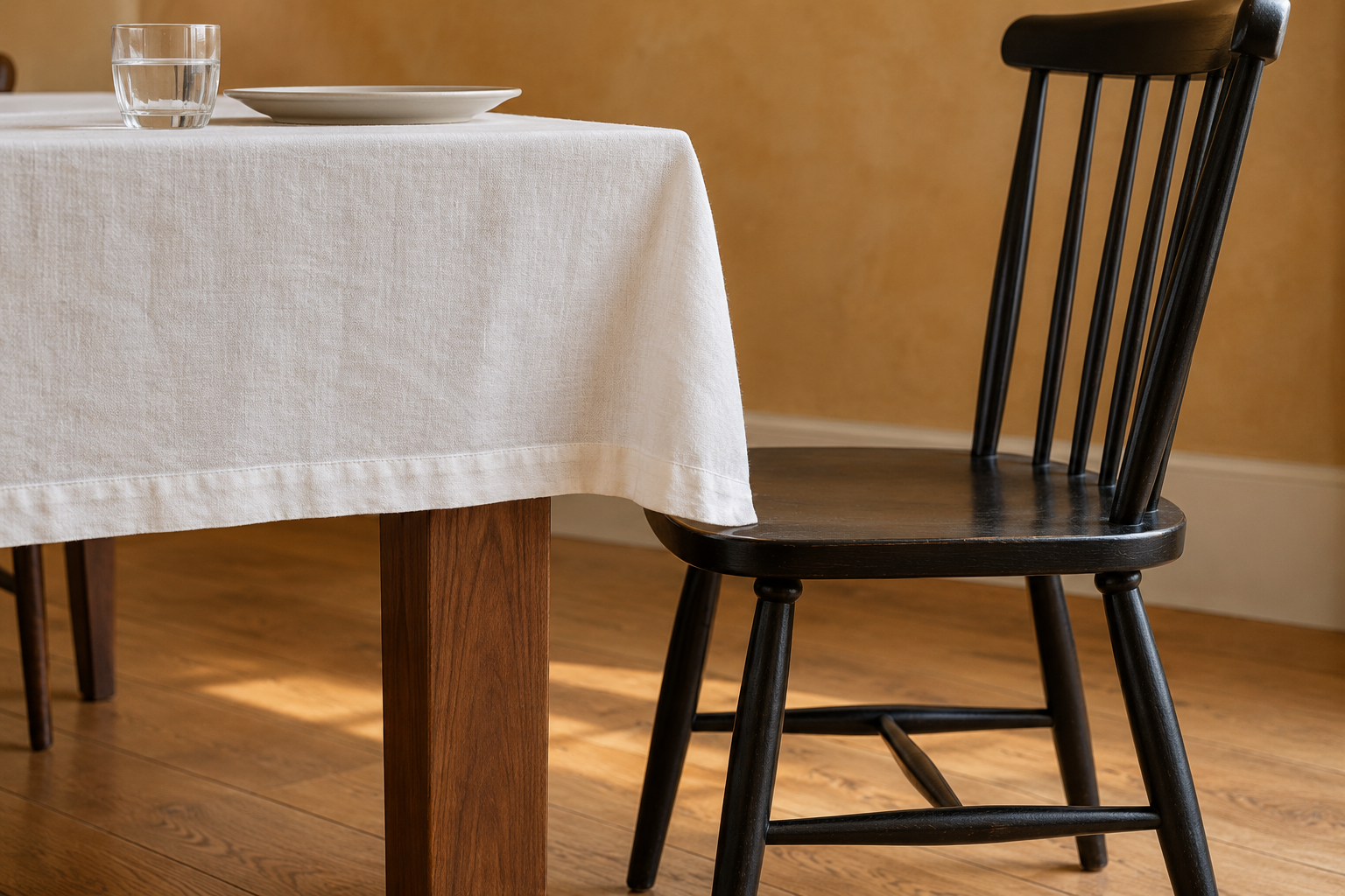 The hem of a white linen tablecloth hanging level with the seat of a black windsor chair beside the table.