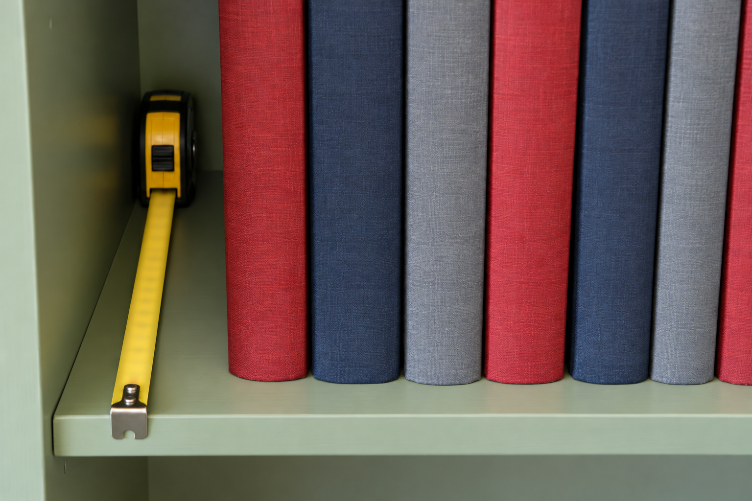 A row of hardcover books on a green shelf seen from above, with a tape measure laid from the front edge to the back panel in a gap beside them.