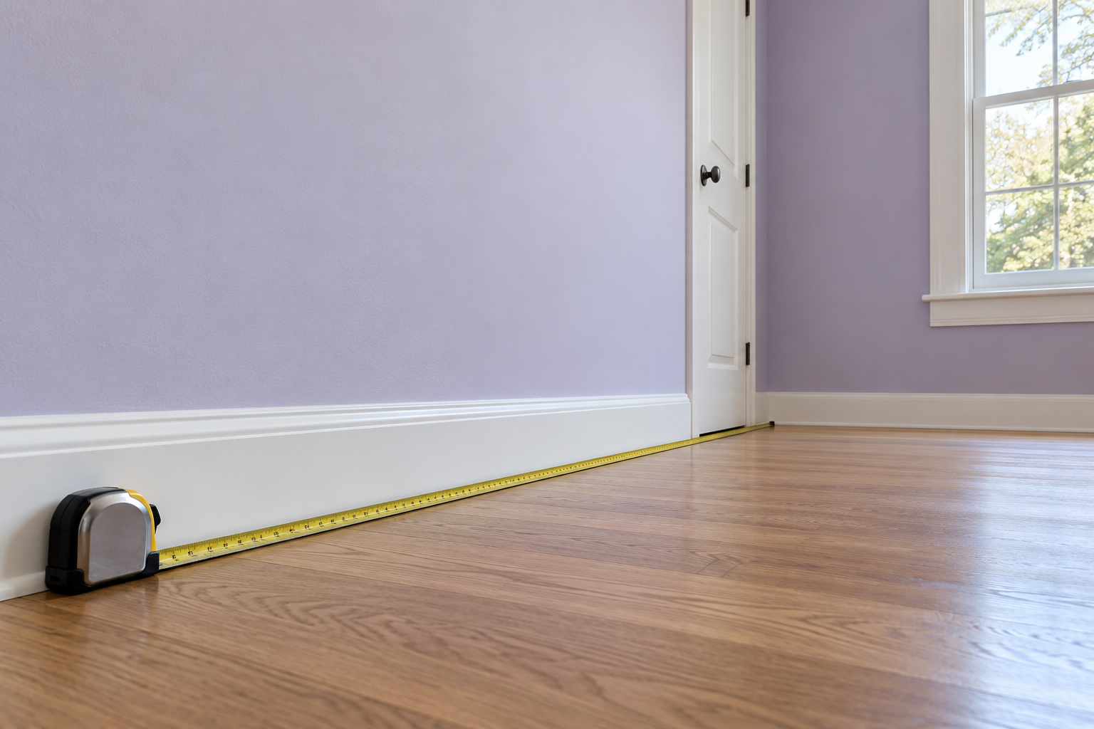A steel tape measure extended along the baseboard of a lavender wall that has a door and a window, ready to measure the wall's length.