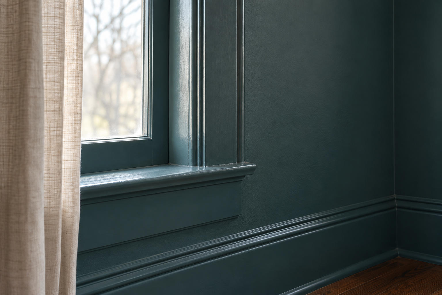 A deep teal window casing in satin paint catching the light beside a matte wall in the same color.
