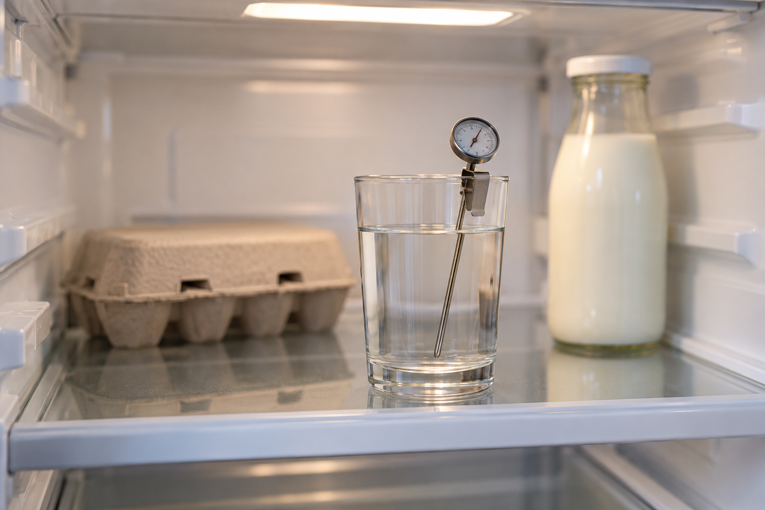 A small dial thermometer clipped to a glass of water on the middle shelf of a refrigerator, with space around it.