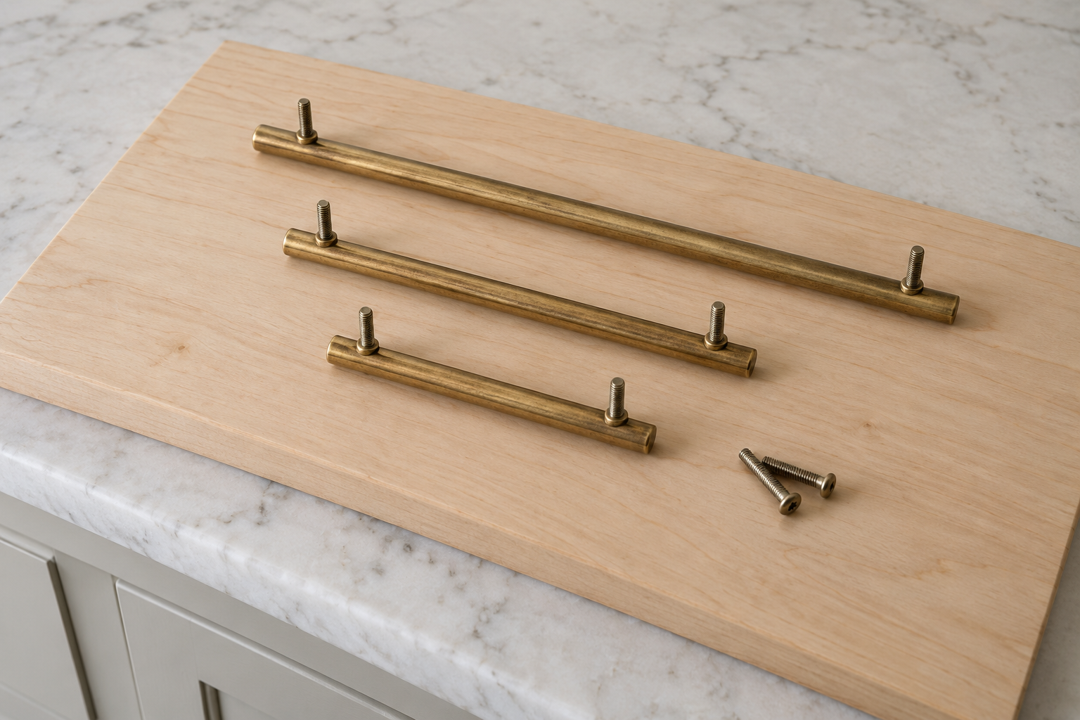 Three brass bar pulls in three lengths lying on a wood board with their screw posts facing up.