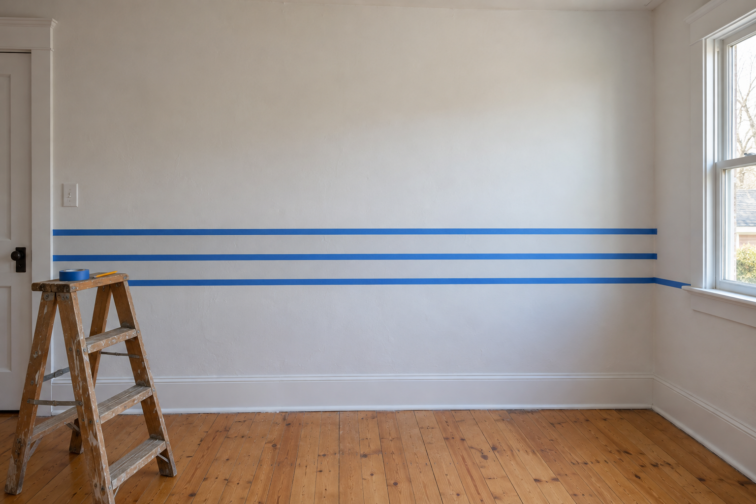 Three horizontal lines of blue painter's tape on a white bedroom wall, the lowest level with the windowsill.