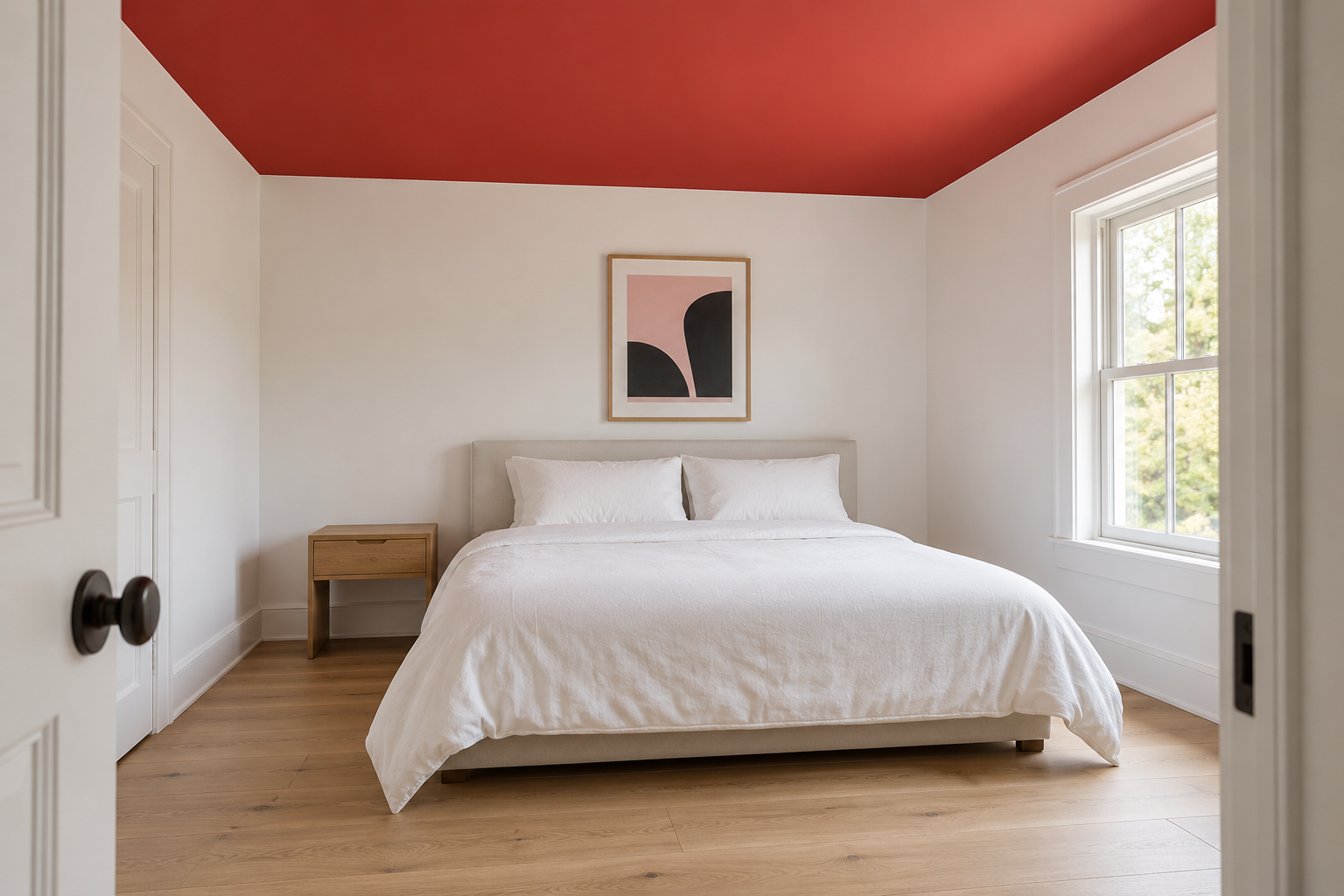 A white bedroom with its ceiling painted tomato red, seen from the doorway, with a low bed and a single framed print.