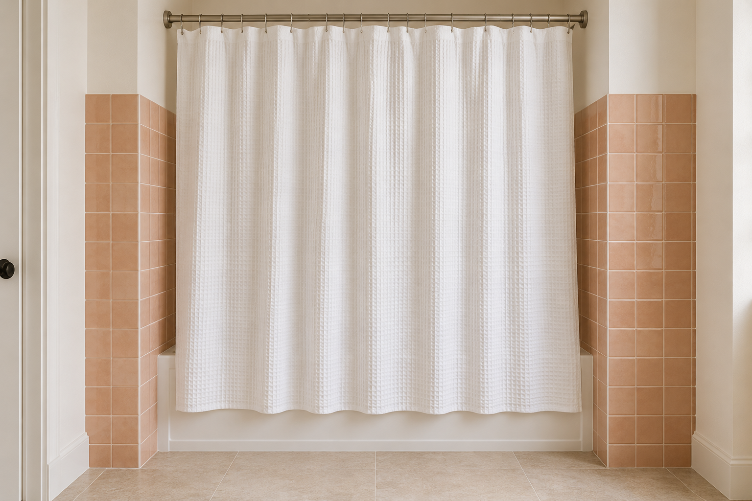 A white waffle shower curtain drawn closed across a tub, seen straight on from the rod at the top to the hem just above the floor, with peach tile behind.