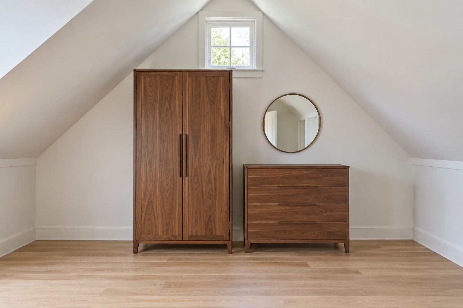 The gable wall of an attic bedroom with a tall walnut wardrobe and a dresser standing against it, the sloping ceiling on either side coming down to low knee walls.