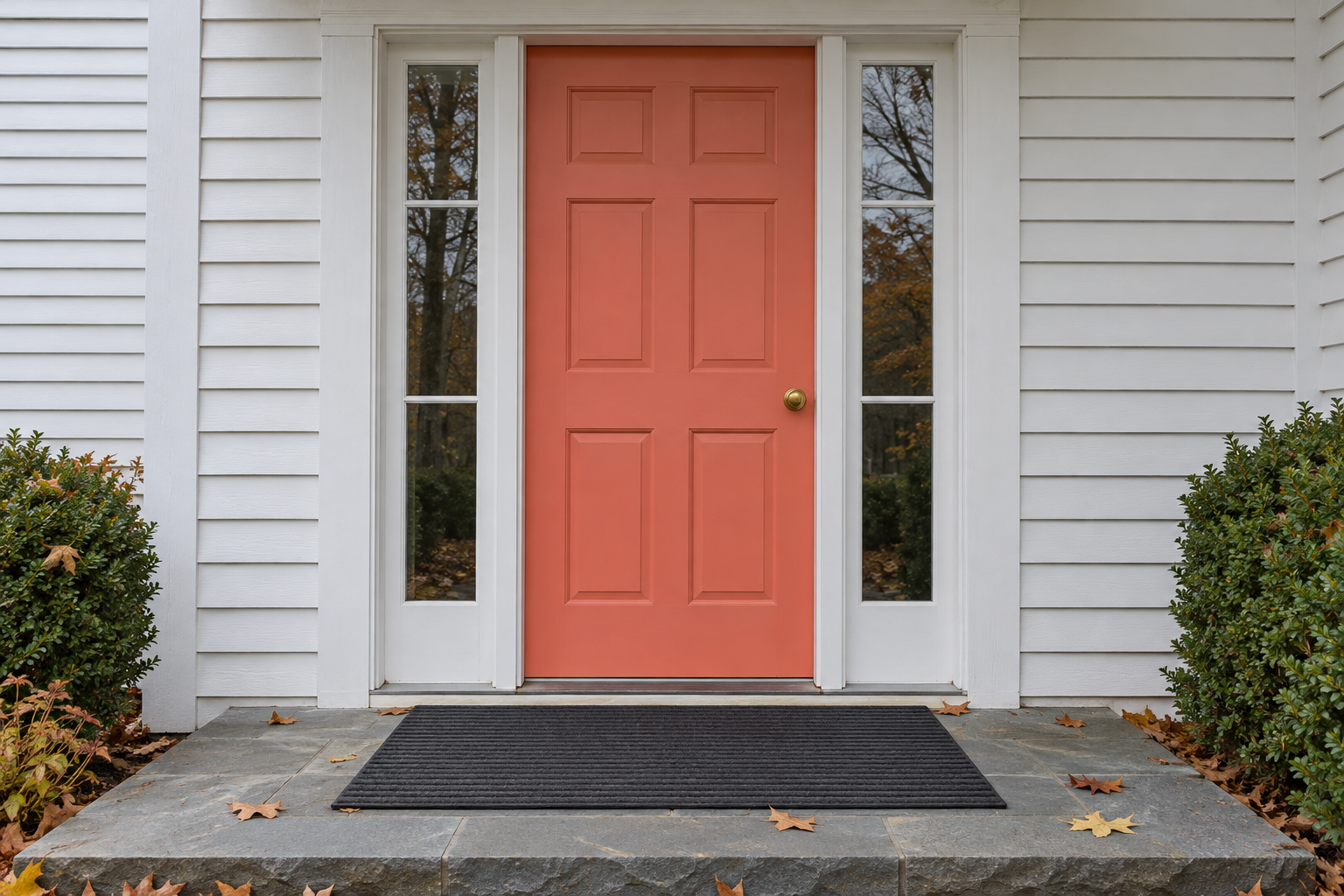 A coral front door with a narrow window on each side, and a wide charcoal doormat on the stone step that spans the door and both windows.