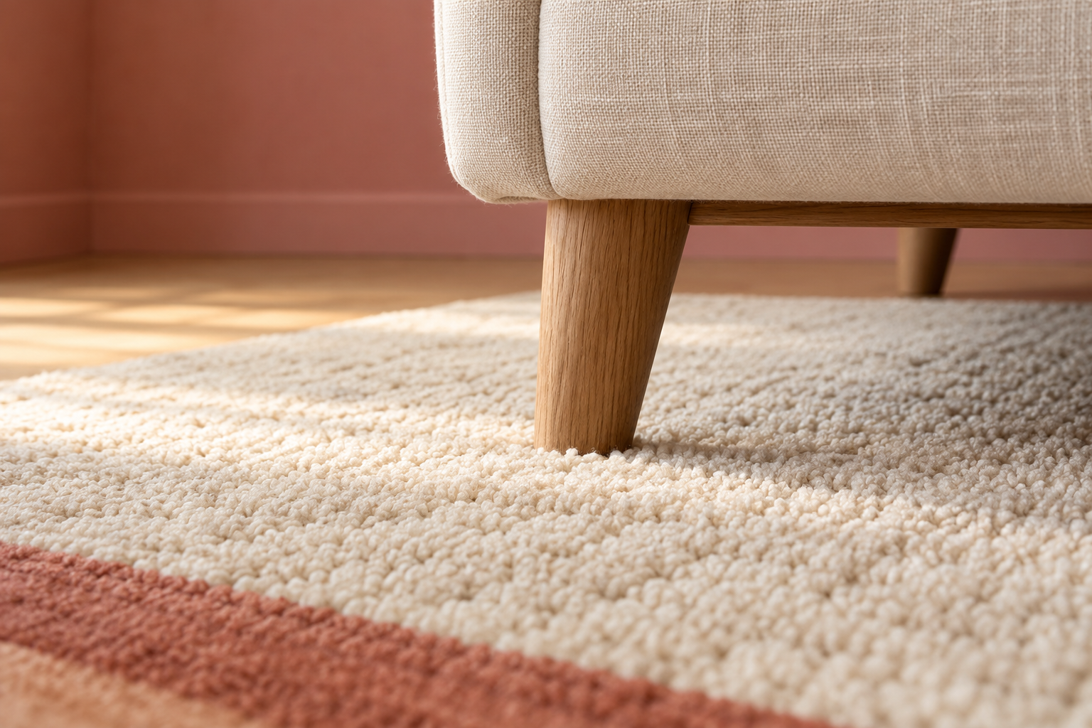 A close view of a cream wool rug's dense pile around the oak front leg of a sofa, the fibers standing up around the foot.
