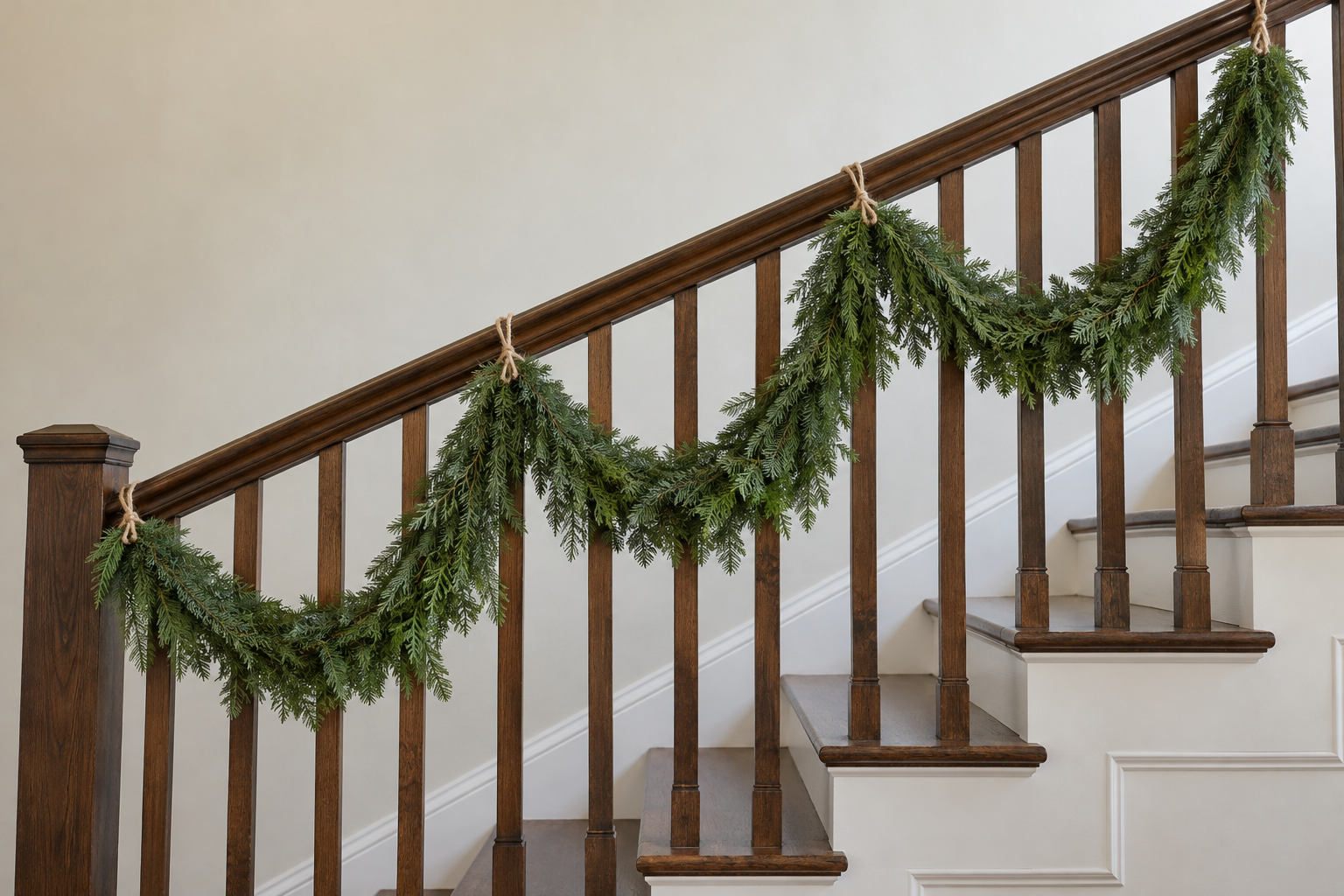 Fresh garland tied to a dark oak handrail with jute twine every couple of feet, hanging in swags about a foot deep between the ties.