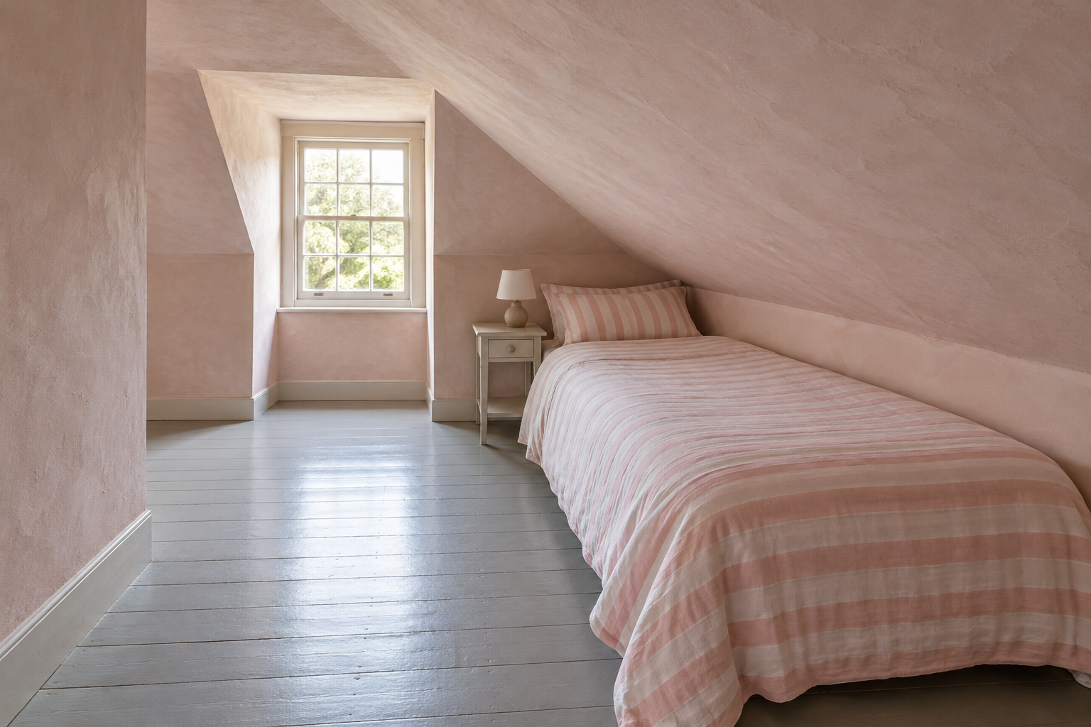 An attic bedroom with pale pink plaster where the bed runs along the low knee wall under the sloping ceiling, leaving the high side of the room clear to walk.