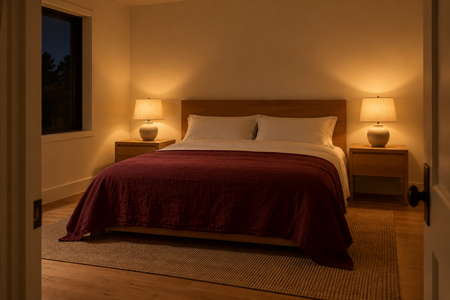 A bedroom at night lit only by two dimmed bedside lamps, their warm light falling on burgundy and white linen bedding.