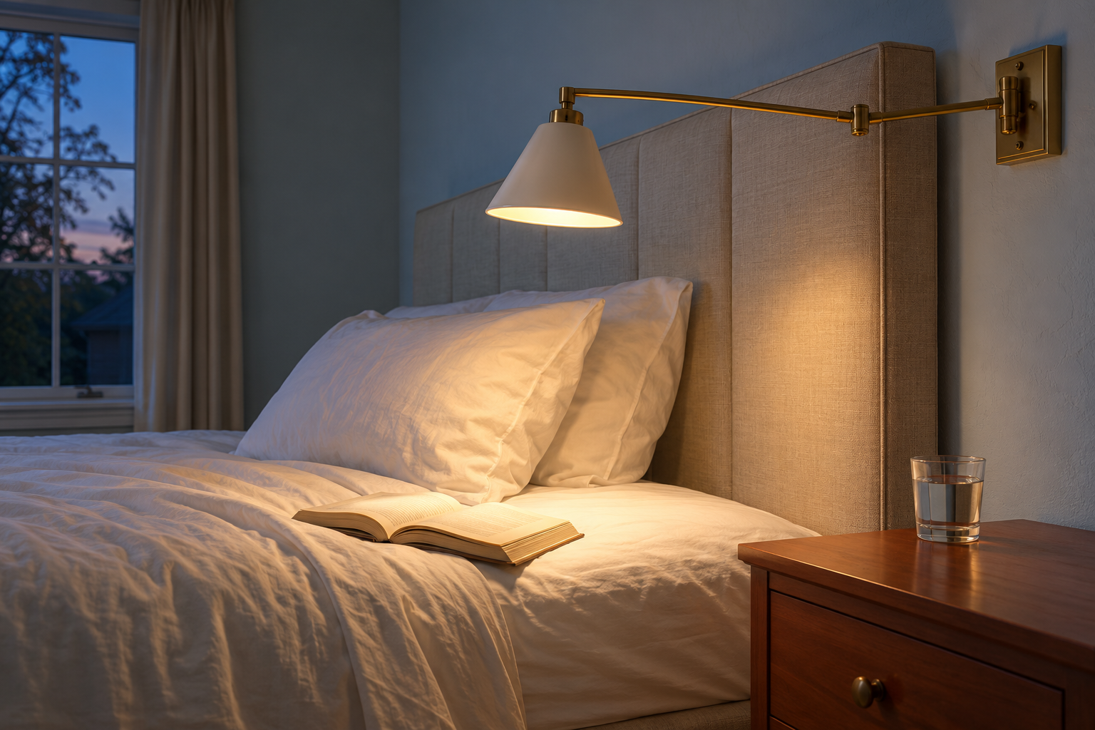 A brass swing-arm wall light beside a linen headboard, its shade just above the pillows and angled down over an open book.