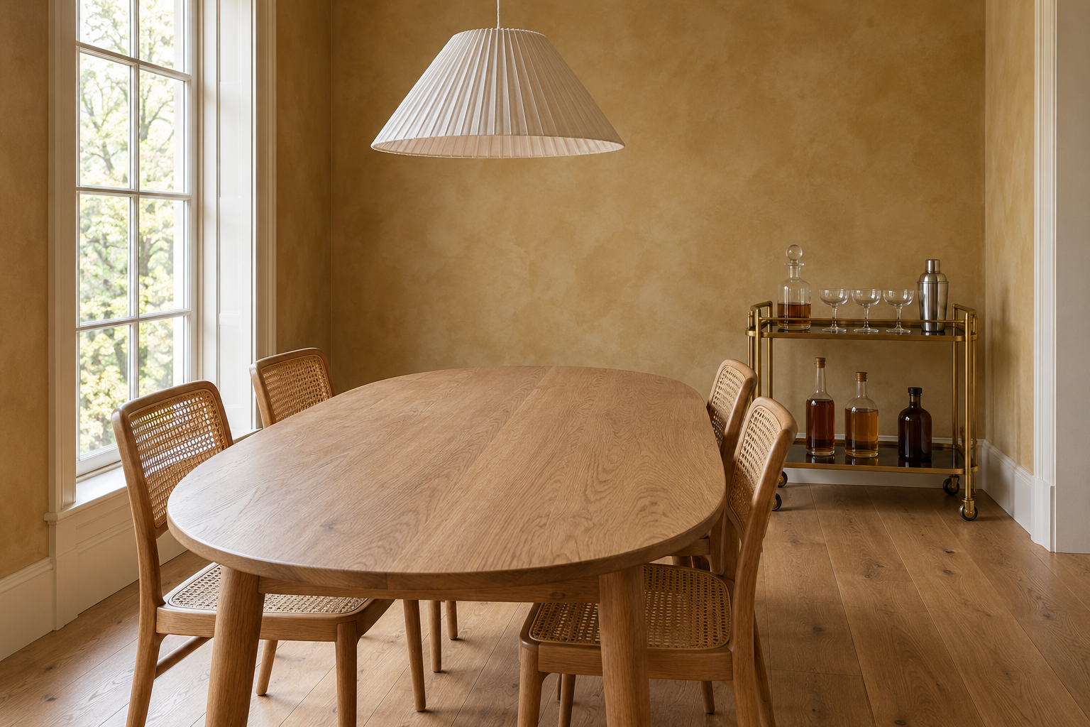 A brass bar cart with smoked glass shelves standing against the wall near the end of an oak dining table in a room with ochre limewashed walls, with bottles and glasses on its shelves.