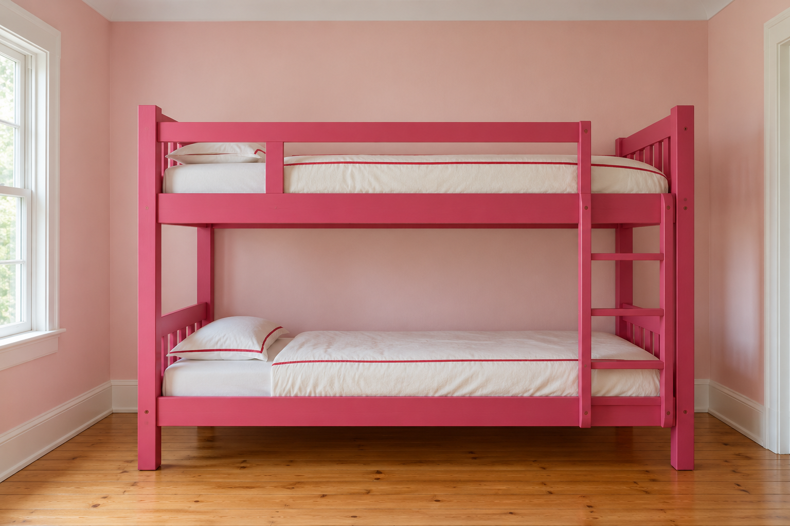 A raspberry pink bunk bed seen straight on from the side, showing the lower bunk, the upper bunk with its guardrail, and the open space between the top mattress and the white ceiling.
