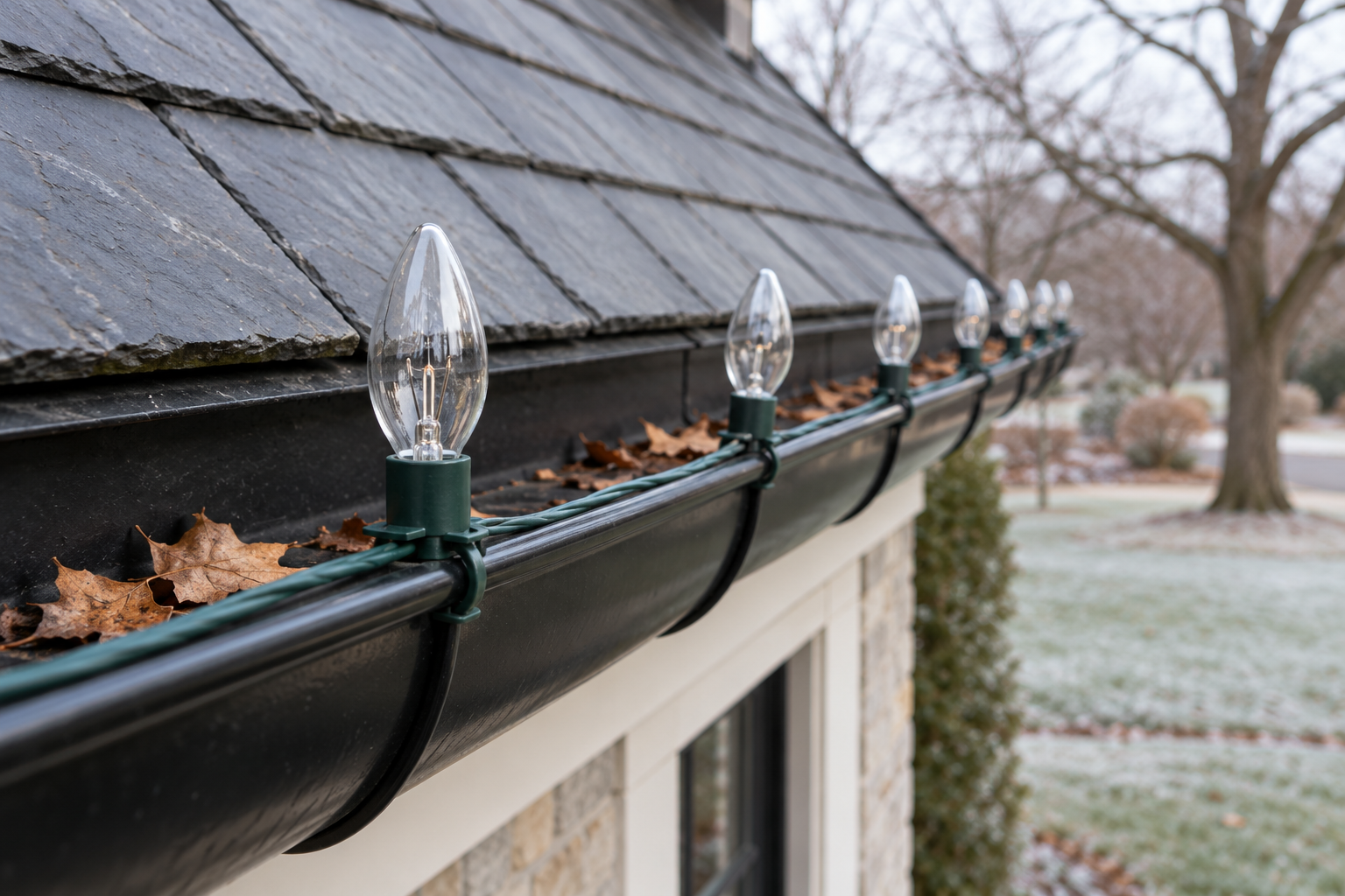 A row of large clear Christmas bulbs on dark green wire, each held upright by a clip on the edge of a black gutter, about a foot apart, in daylight.