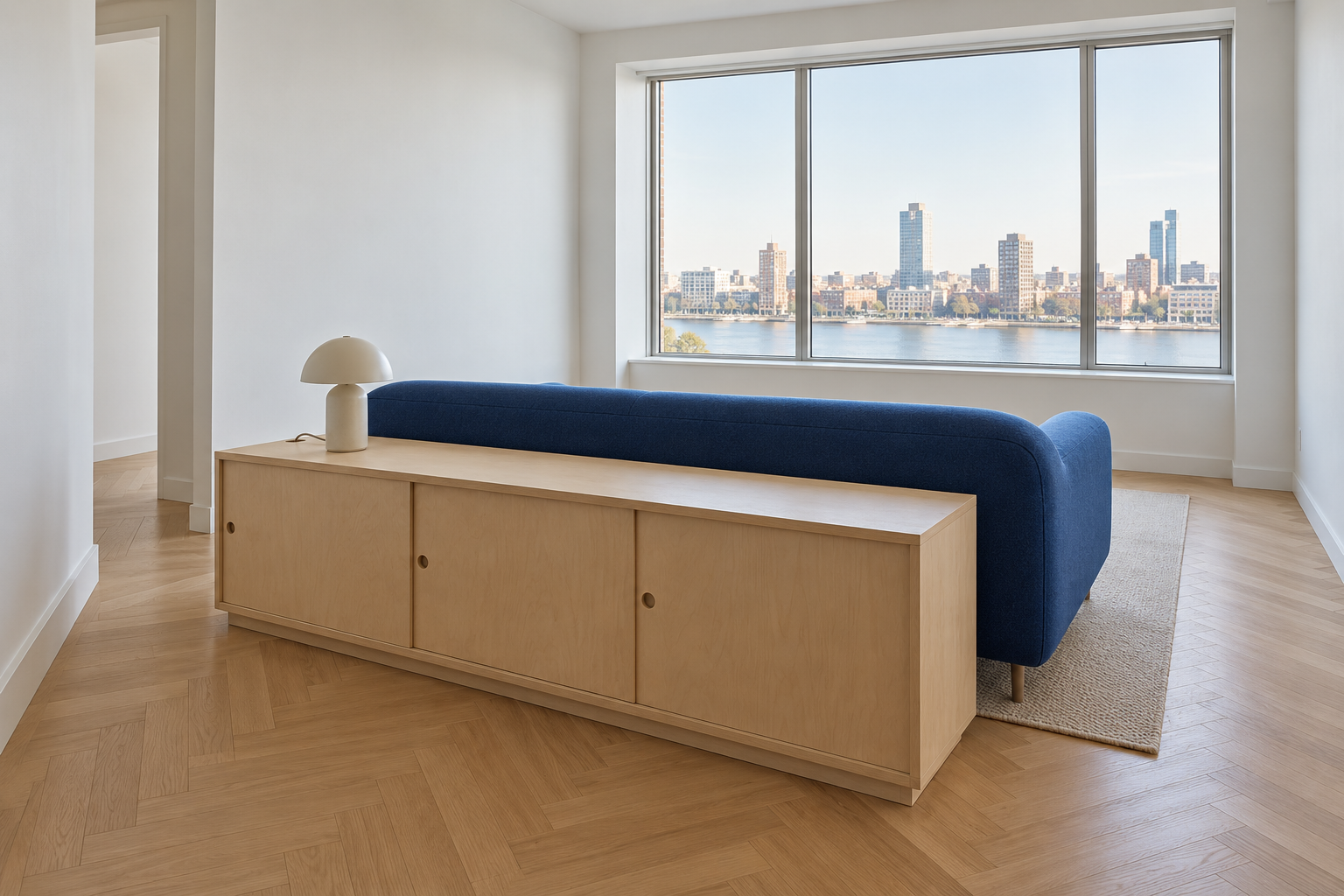 A low birch cabinet behind a cobalt-blue sofa that floats in the middle of a living room.