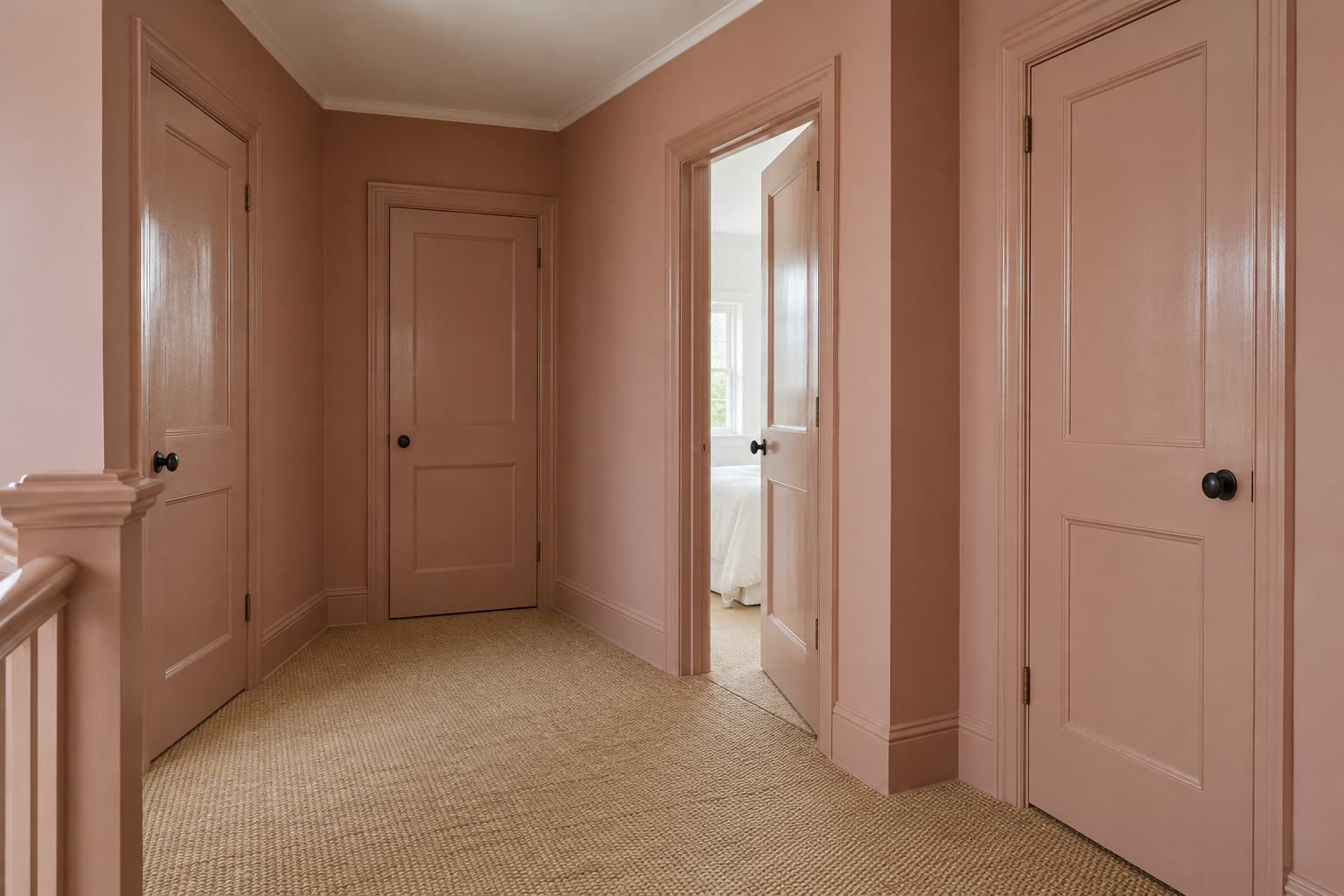 An upstairs hallway with its walls, doors, door frames, and baseboards all painted the same clay pink.