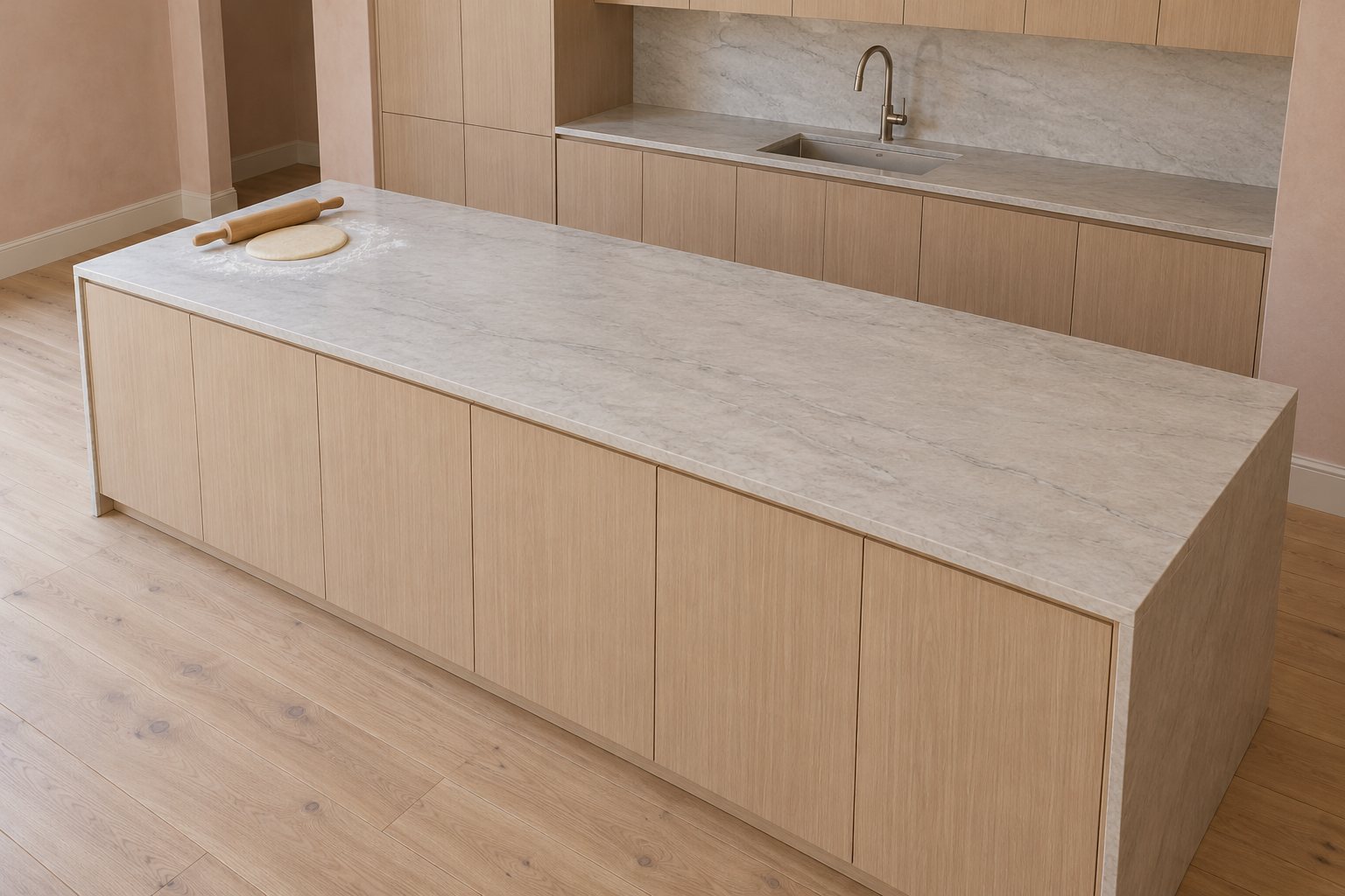 A long island with a pale stone top and nothing built into it, a rolling pin and a dusting of flour at one end.