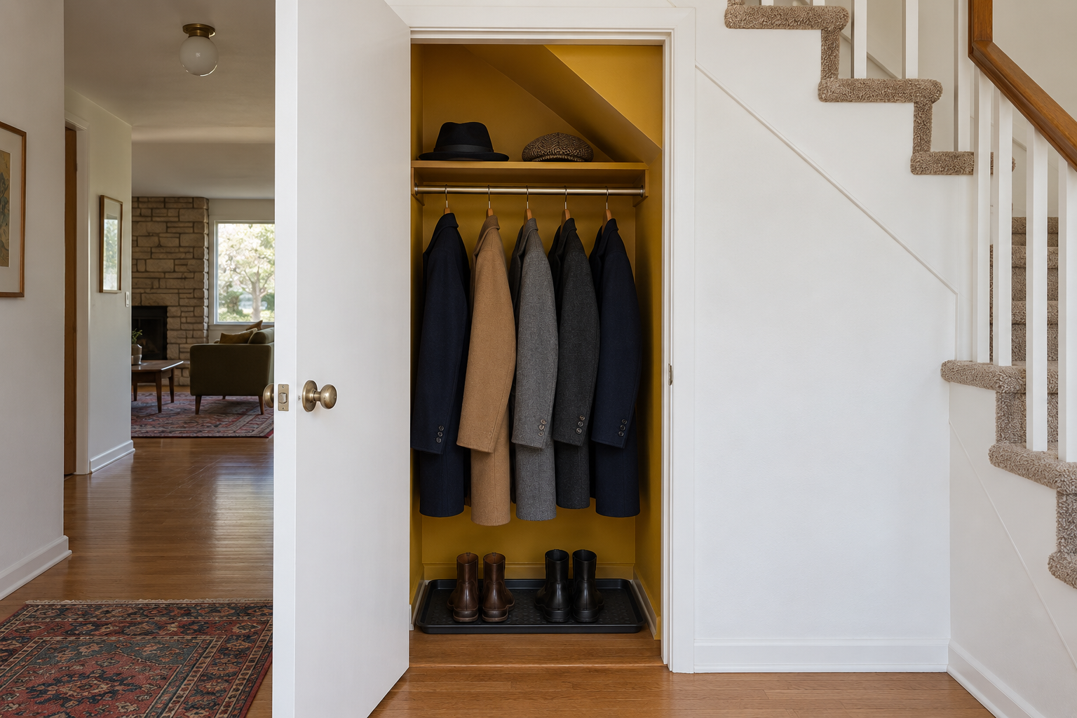 An open closet under the tall end of a staircase with a mustard interior, coats on a rod, and a boot tray on the floor.