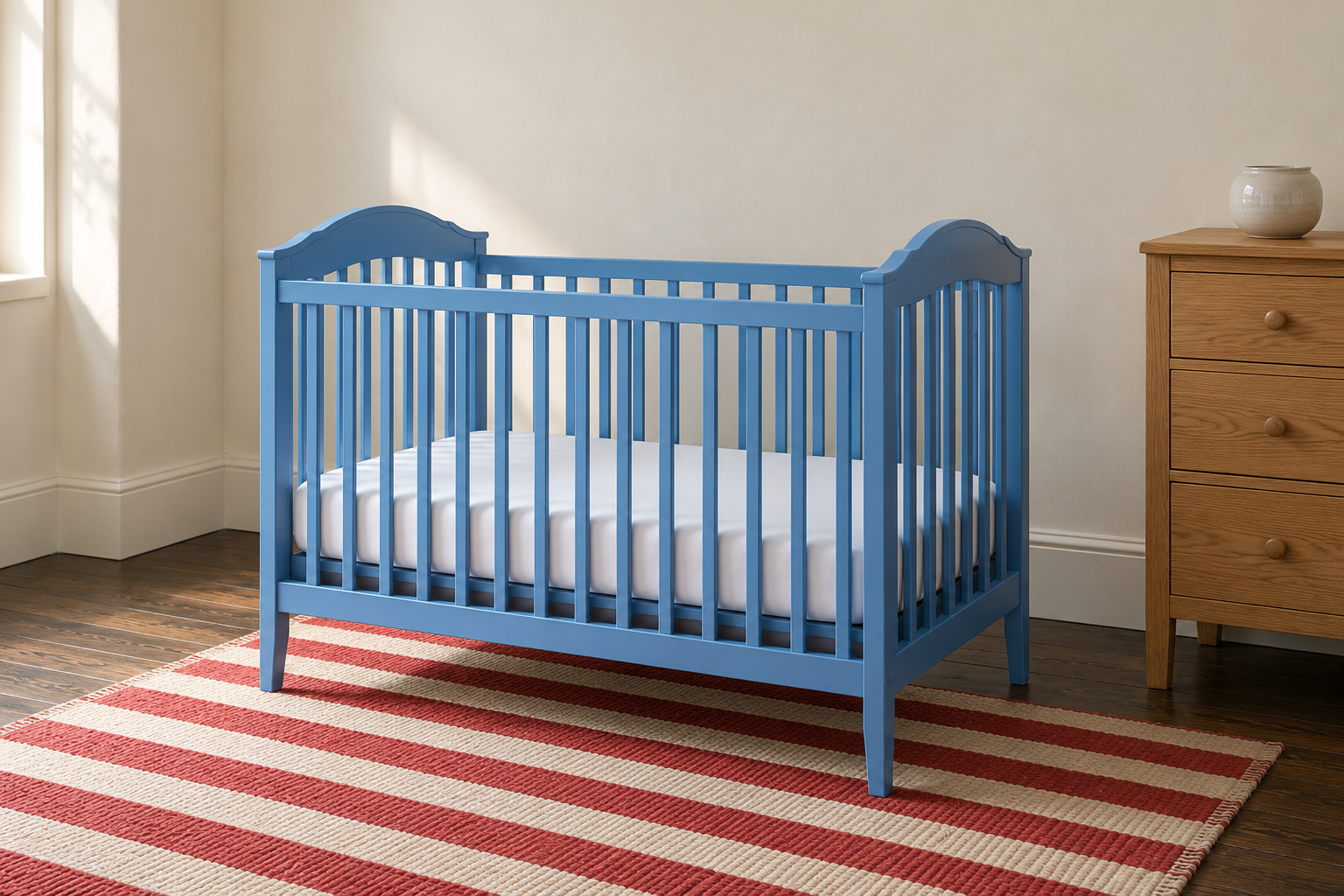 A crib painted cornflower blue against a cream wall, bare except for a white fitted sheet, with an oak chest beside it.