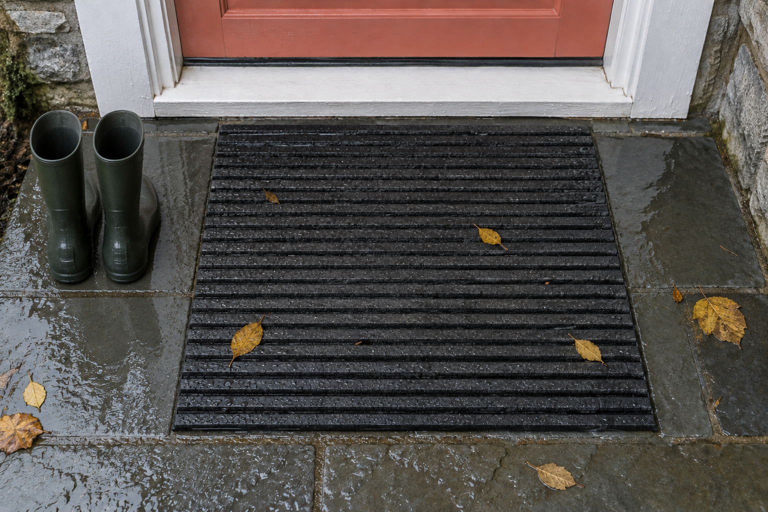 A deep charcoal ribbed doormat on a wet stone step, seen from above, with a pair of rubber boots standing beside it.