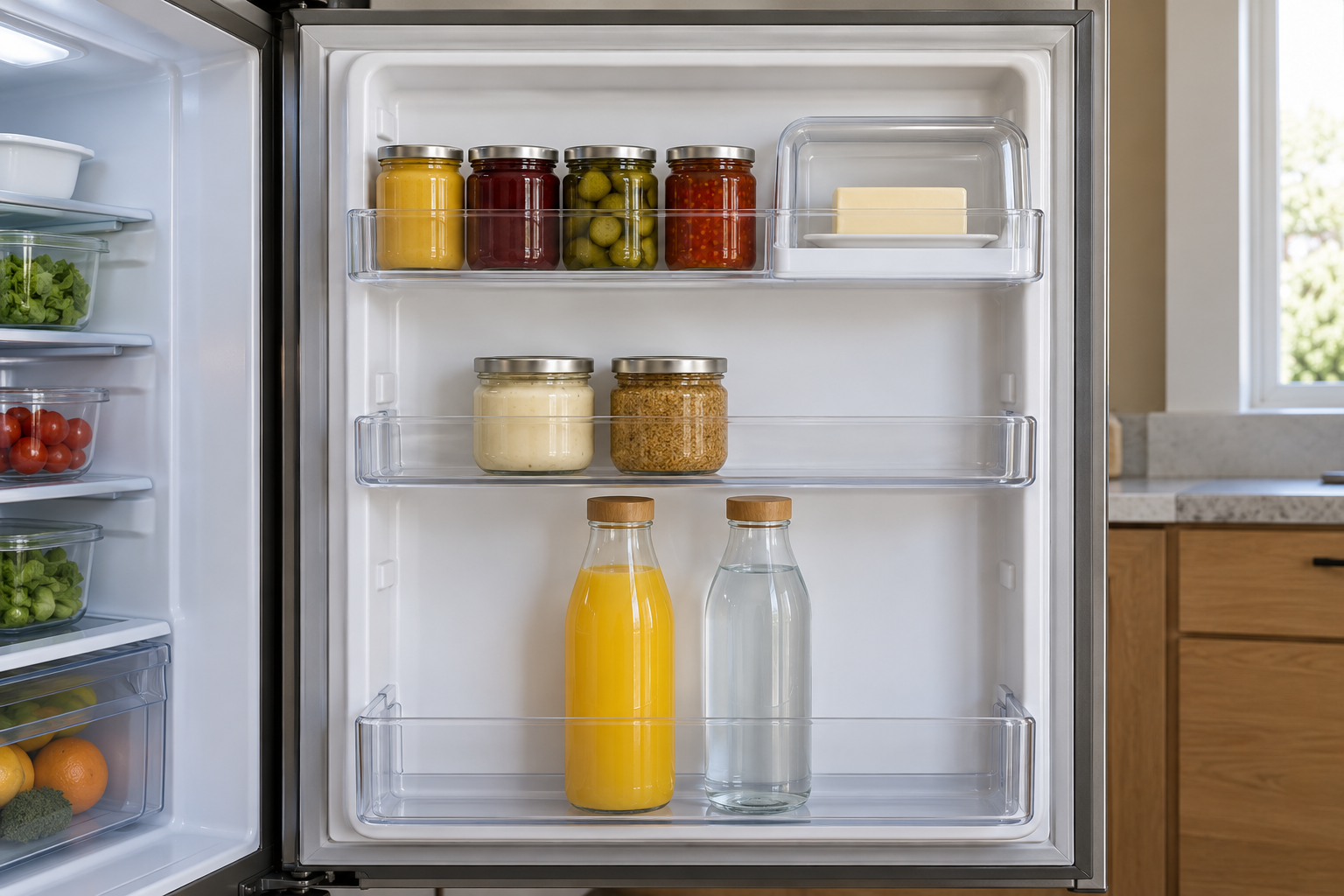 The inside of an open refrigerator door with small jars of condiments in the top bin, butter in its compartment, and tall bottles of juice and water in the bottom bin.