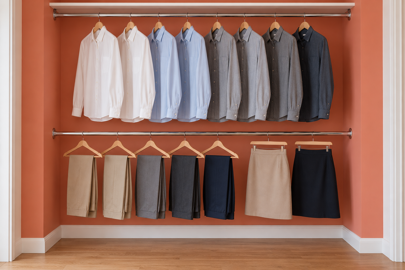 Shirts on an upper closet rod and folded trousers on a lower rod, with a gap between the shirt hems and the lower rod.