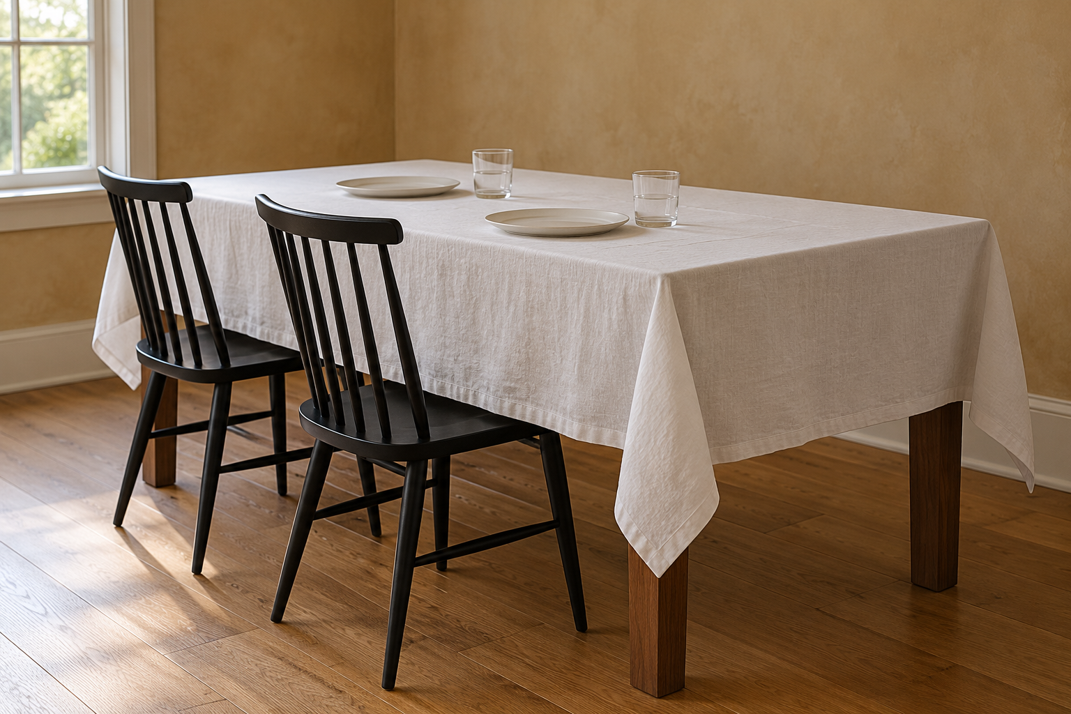 The corner of a dining table under a white linen cloth that hangs the same distance along the side and at the end.