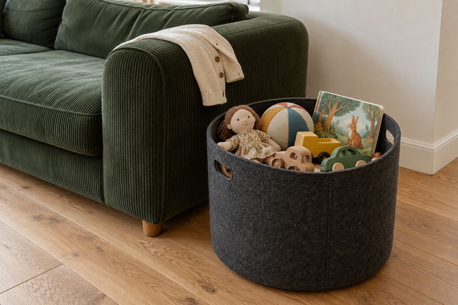 A round charcoal felt basket full of toys on the floor beside a green corduroy sofa.