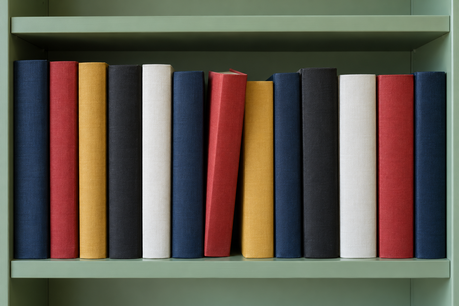 A row of hardcover books on a green shelf with a gap of about an inch between the tallest book and the shelf above.